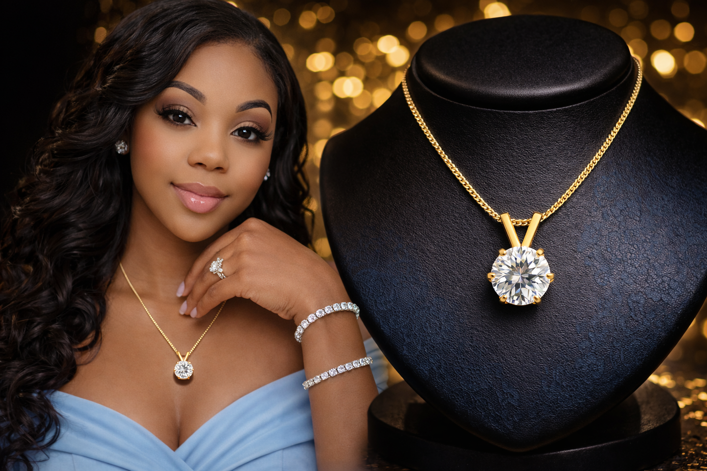 Gold or Silver Solitaire Pendant Necklace & Elegant Brilliant-Cut Moissanite Diamond