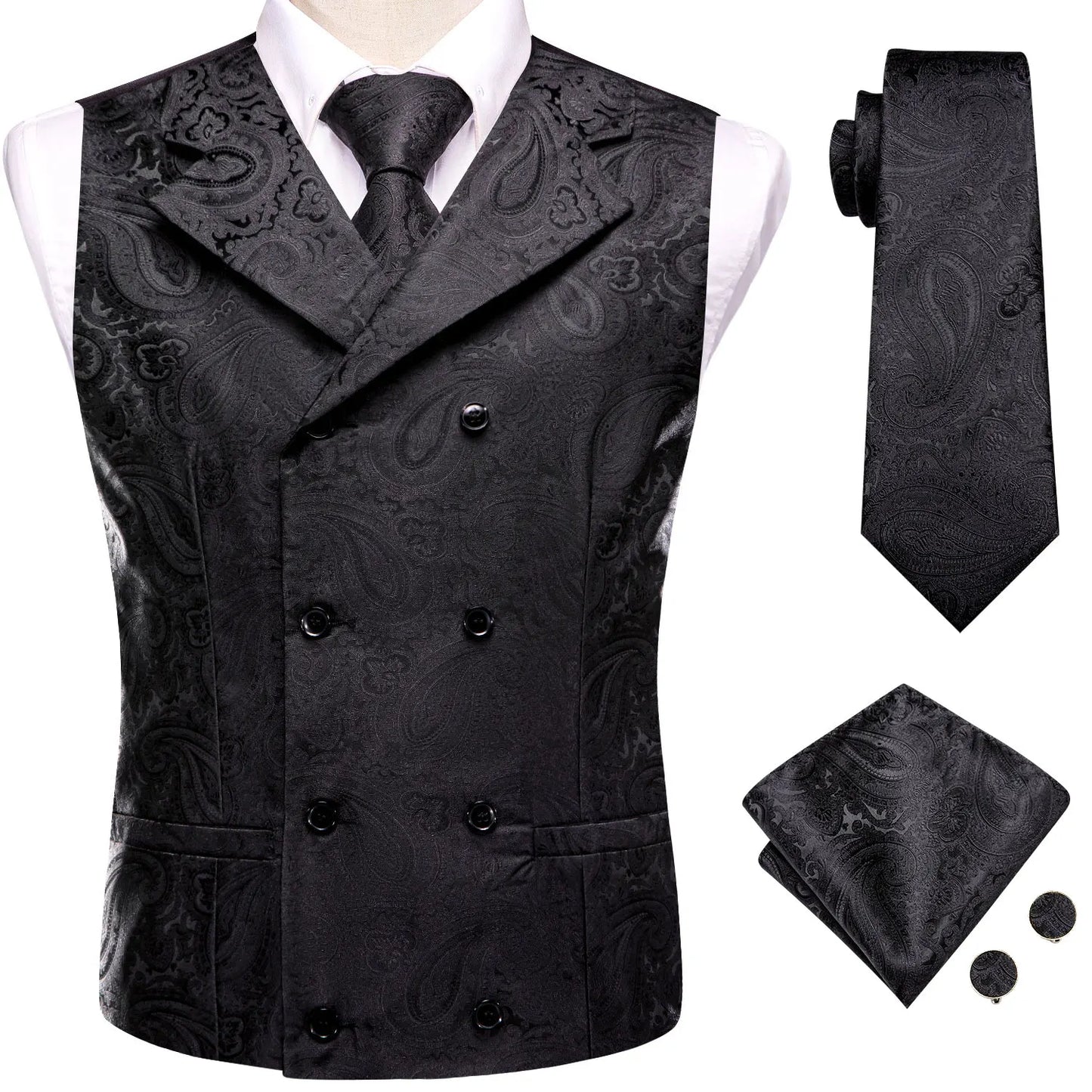 Men’s Vest & Tie Set. Silk Paisley 4Pc. NeckTie, Hanky & Cufflinks
