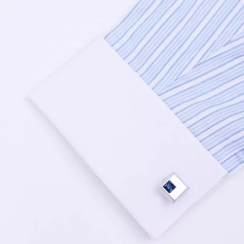 Crystal Cuff links & Tie clip with chain set for Men Blue Crystal