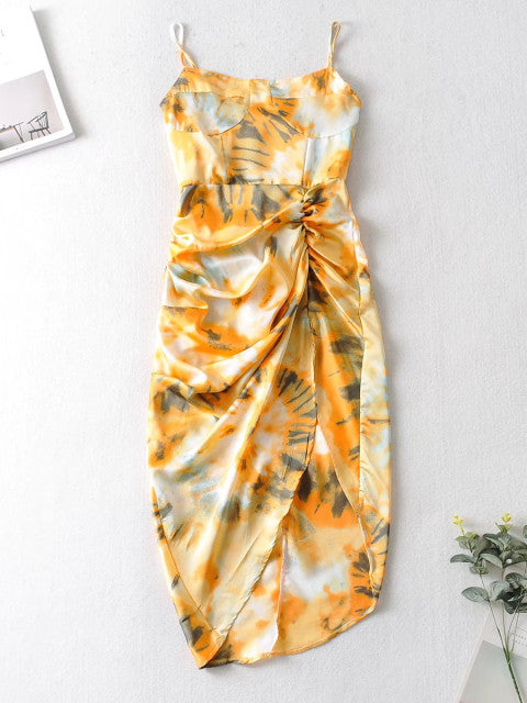 Spaghetti Strap Dress Women's Floral Print with Hem Slim Waist, Irregular Slit, Long Dress