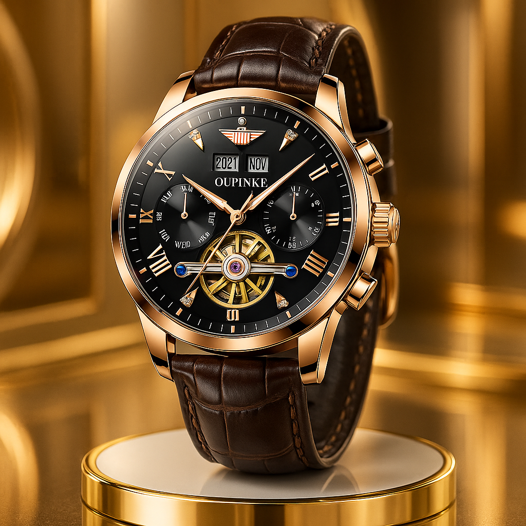 OUPINKE Tourbillon Leather Luxury Automatic Mechanical Wristwatch with Sapphire glass & Waterproof