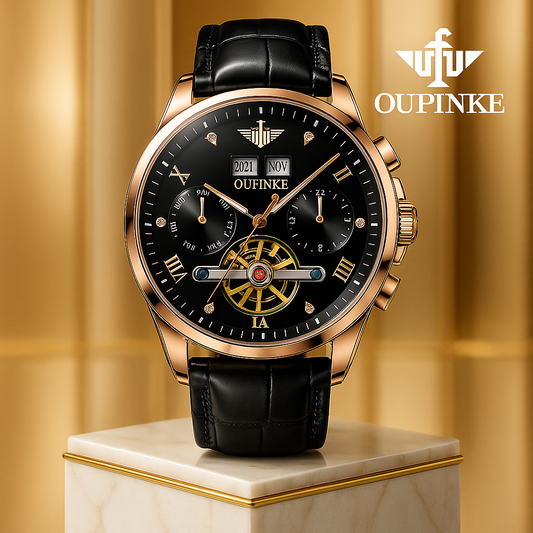 OUPINKE Tourbillon Leather Luxury Automatic Mechanical Wristwatch with Sapphire glass & Waterproof
