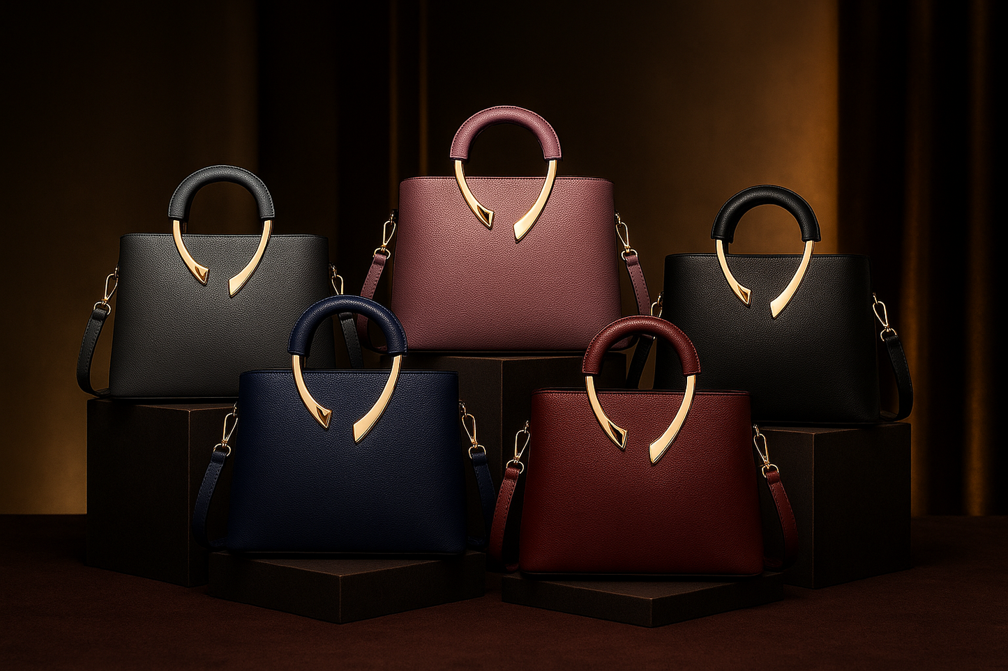 Genuine Leather Structured Top-Handle Handbag with Gold Sculptural Hardware