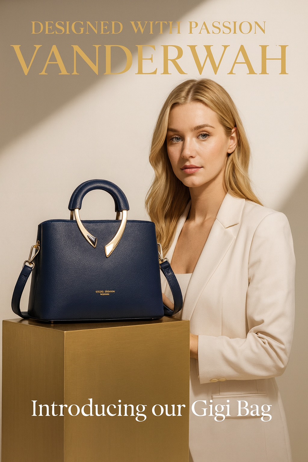 Genuine Leather Structured Top-Handle Handbag with Gold Sculptural Hardware