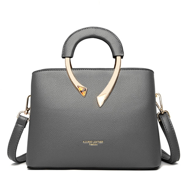 Genuine Leather Structured Top-Handle Handbag with Gold Sculptural Hardware