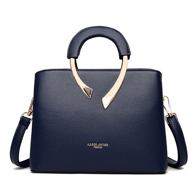 Genuine Leather Structured Top-Handle Handbag with Gold Sculptural Hardware