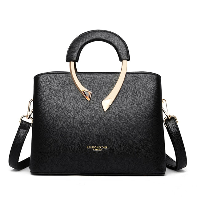 Genuine Leather Structured Top-Handle Handbag with Gold Sculptural Hardware