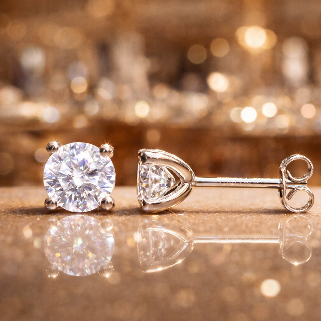 Moissanite Diamond Earrings 5mm 1ct. Diamond Stud Earrings Solid 14K white gold