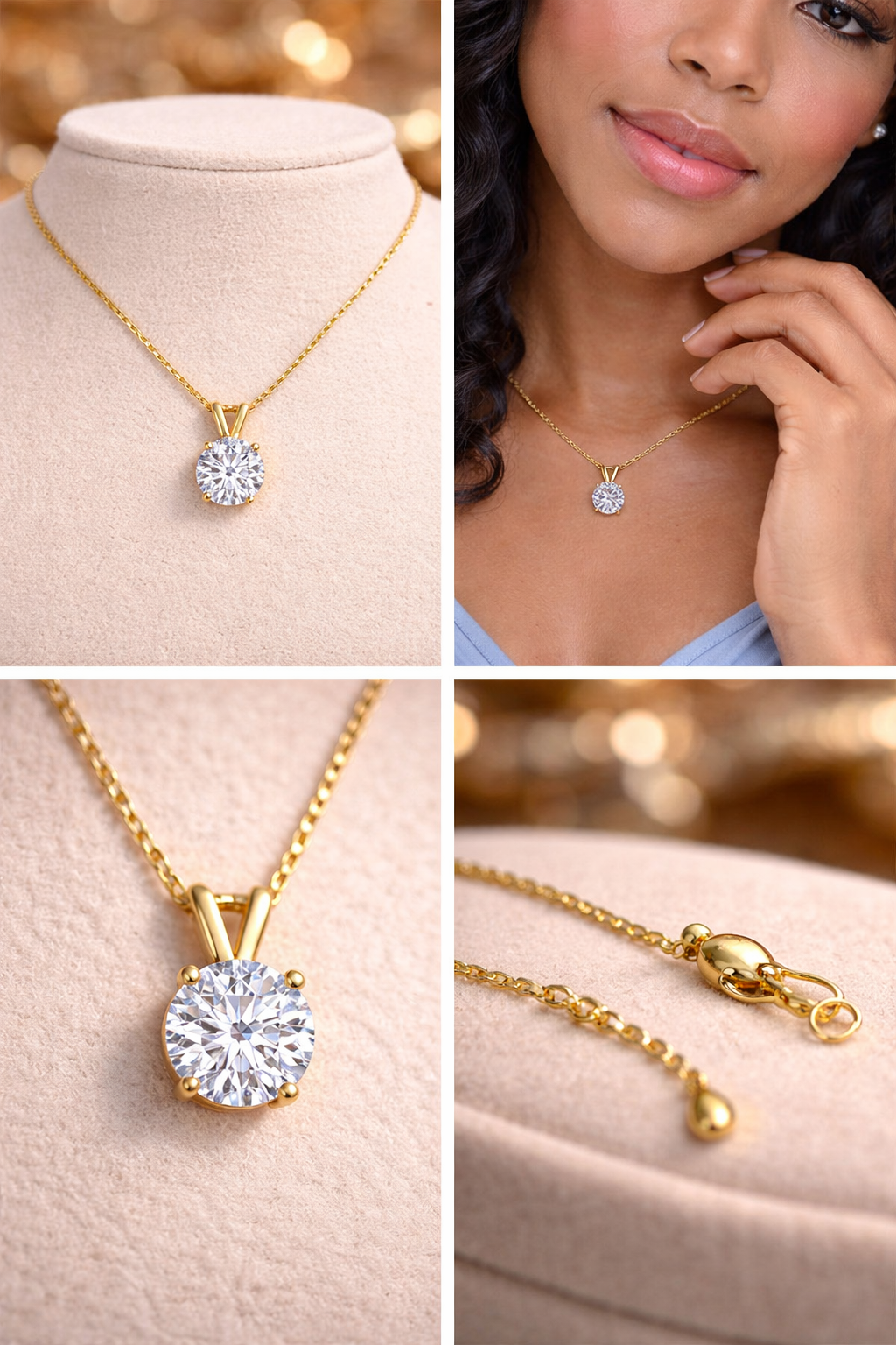 Gold or Silver Solitaire Pendant Necklace & Elegant Brilliant-Cut Moissanite Diamond