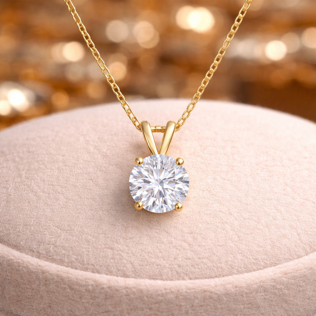 Gold or Silver Solitaire Pendant Necklace & Elegant Brilliant-Cut Moissanite Diamond