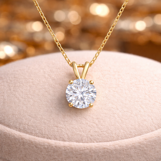 Gold or Silver Solitaire Pendant Necklace & Elegant Brilliant-Cut Moissanite Diamond