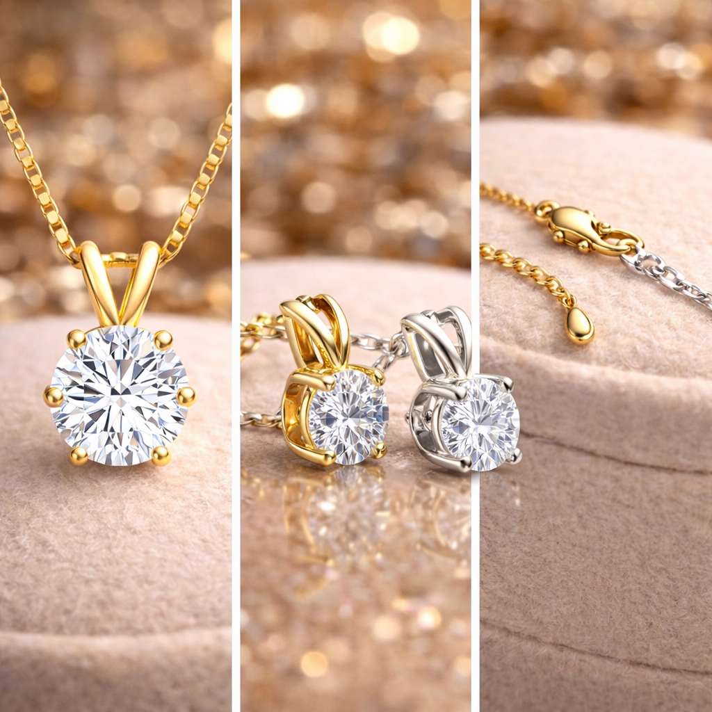 Gold or Silver Solitaire Pendant Necklace & Elegant Brilliant-Cut Moissanite Diamond