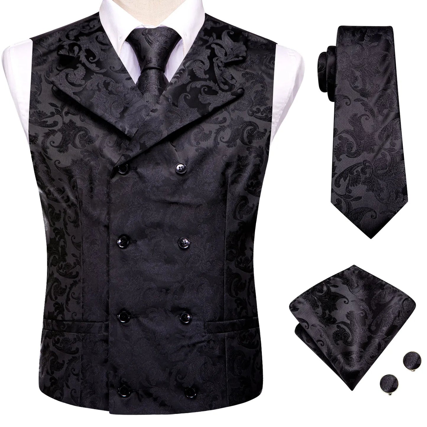 Men’s Vest & Tie Set. Silk Paisley 4Pc. NeckTie, Hanky & Cufflinks
