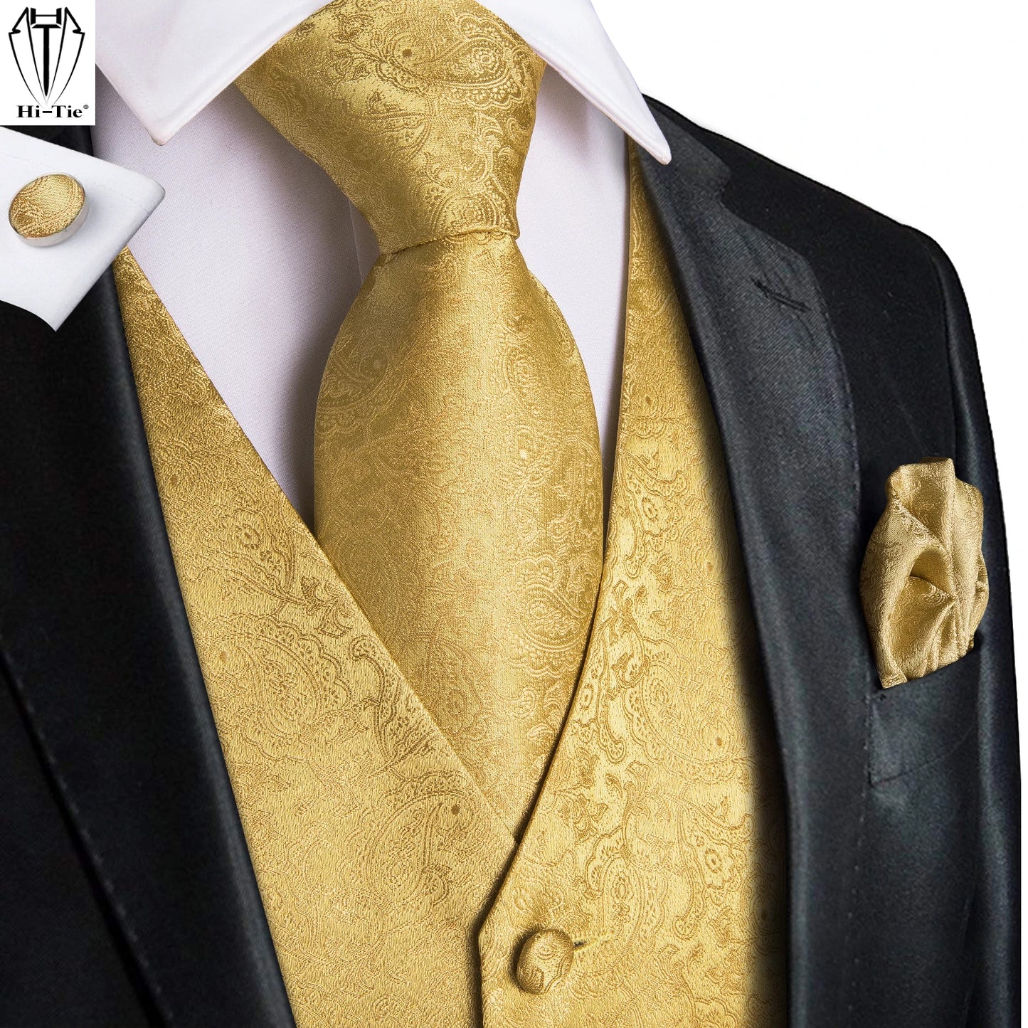 Mens Vests & Silk Tie Set. 5Pc. with Bowtie, Hanky and Cufflinks