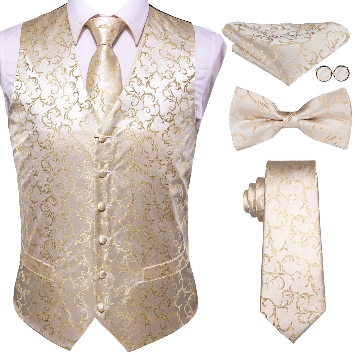 Mens Vests & Silk Tie Set. 5Pc. with Bowtie, Hanky and Cufflinks