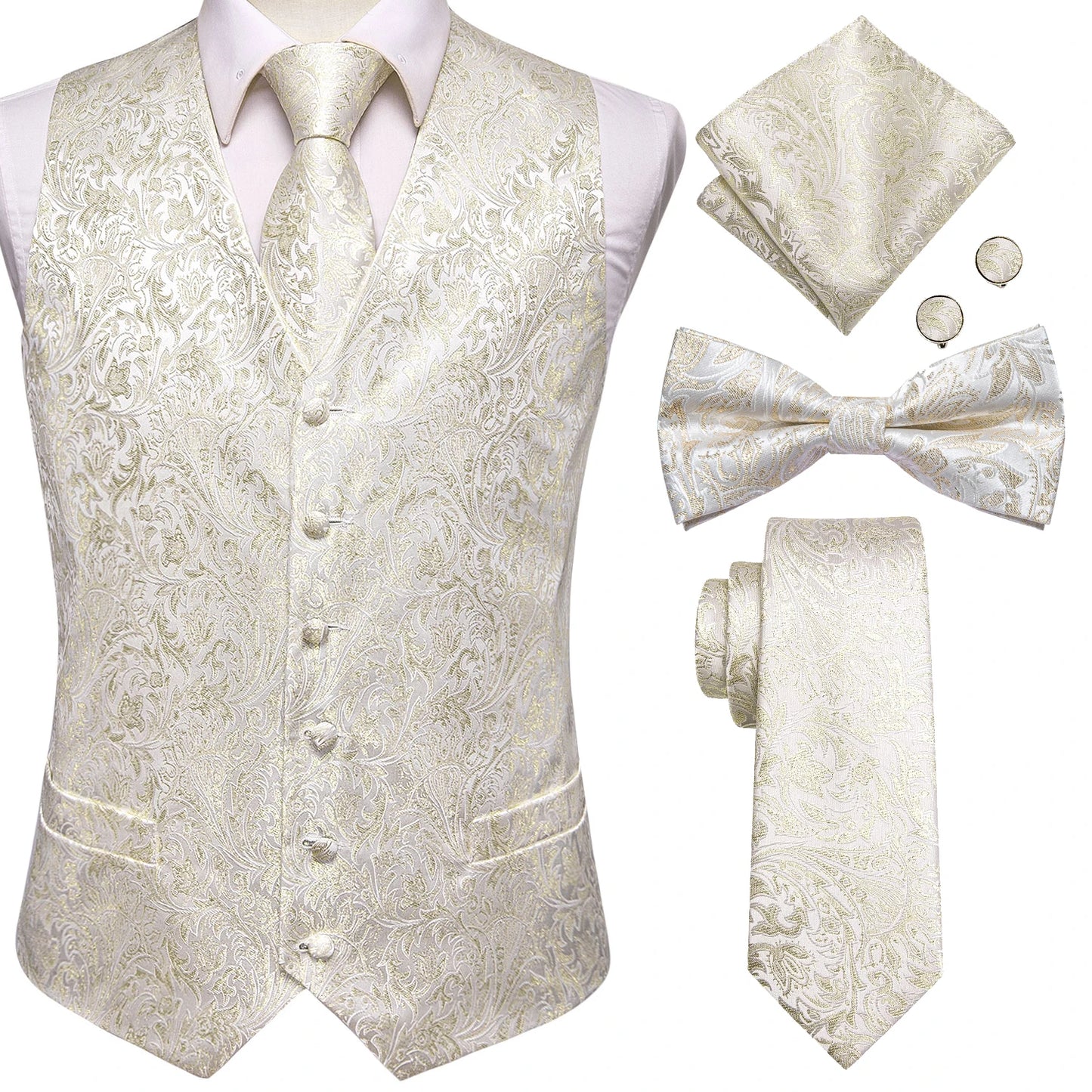 Mens Vests & Silk Tie Set. 5Pc. with Bowtie, Hanky and Cufflinks