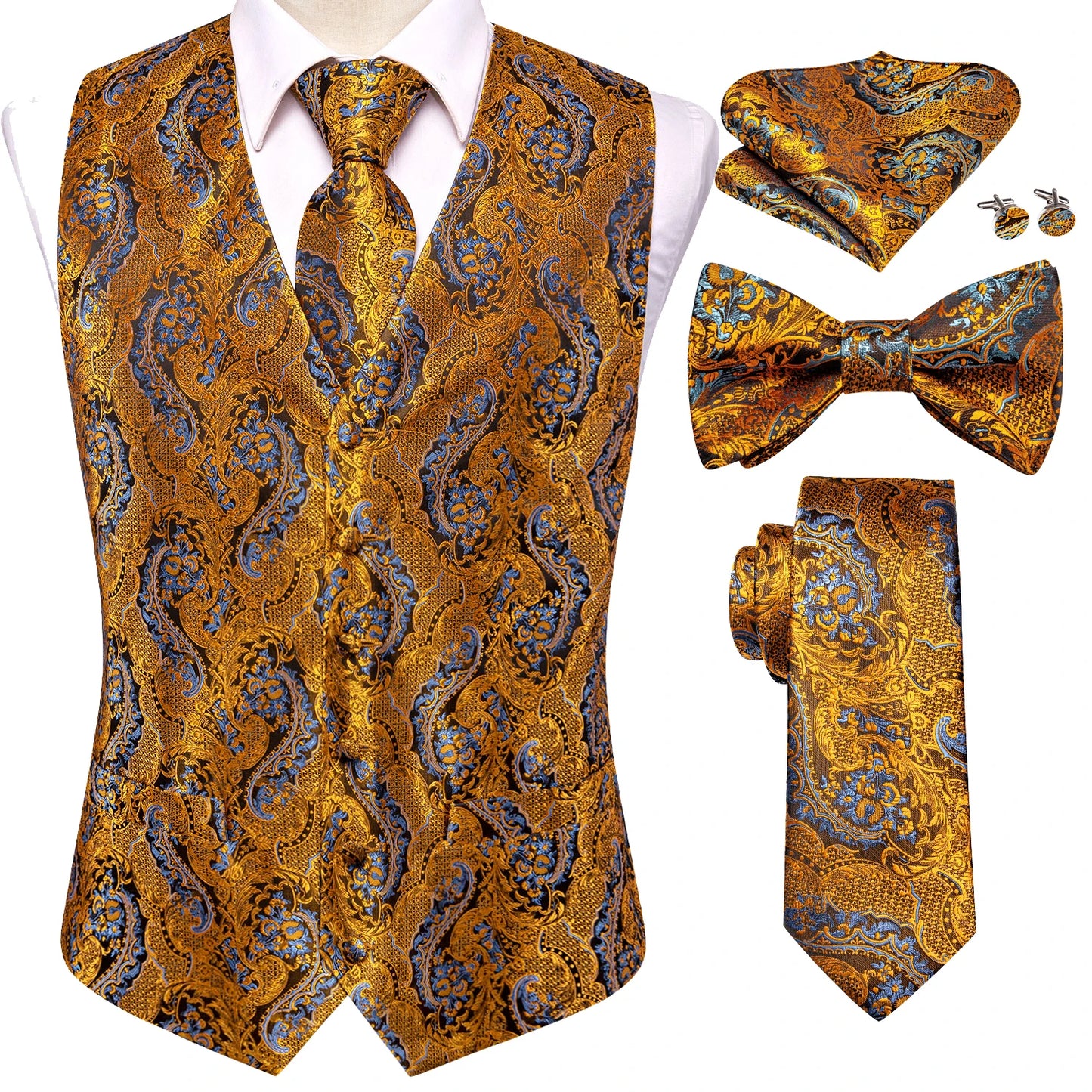 Mens Vests & Silk Tie Set. 5Pc. with Bowtie, Hanky and Cufflinks