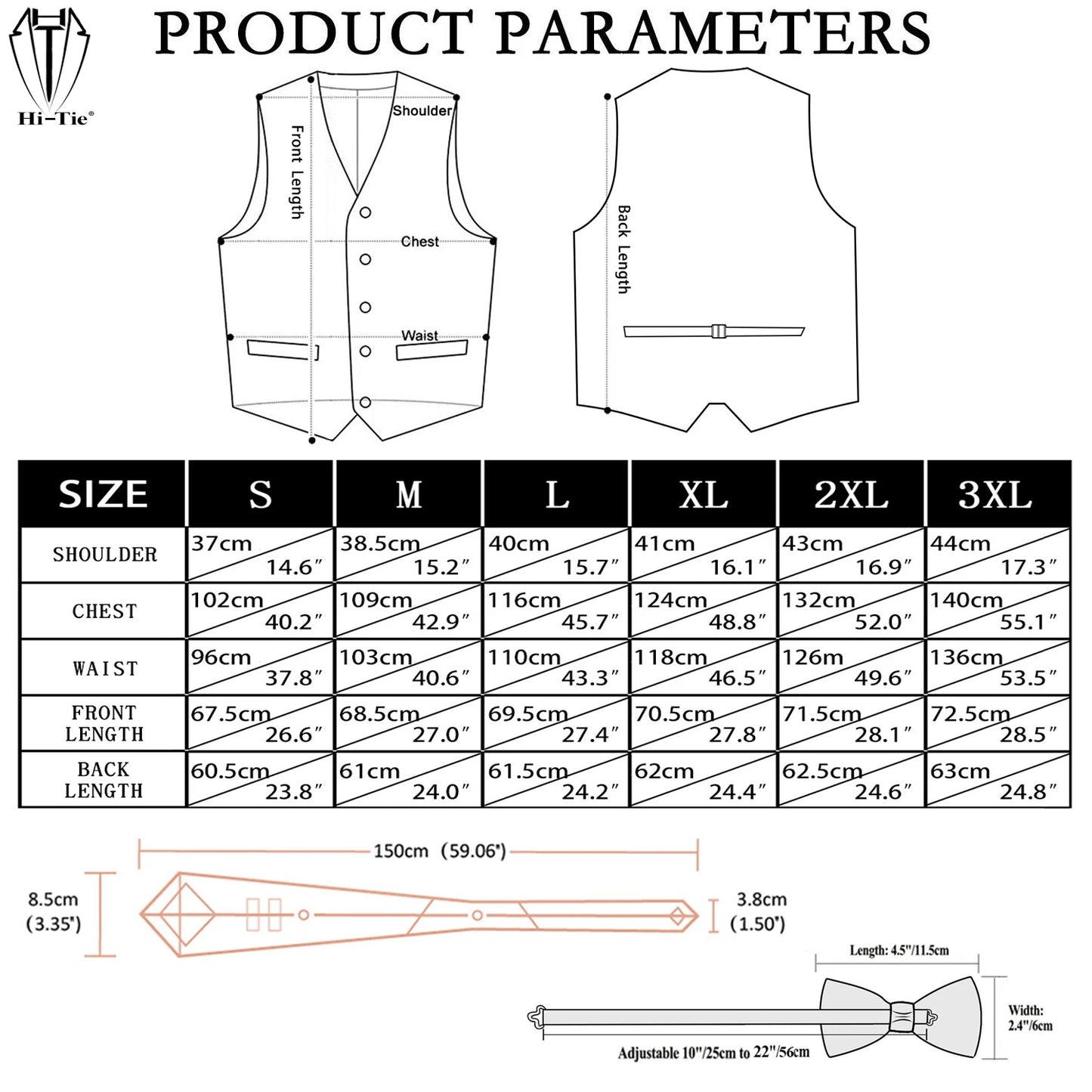 Mens Vests & Silk Tie Set. 5Pc. with Bowtie, Hanky and Cufflinks
