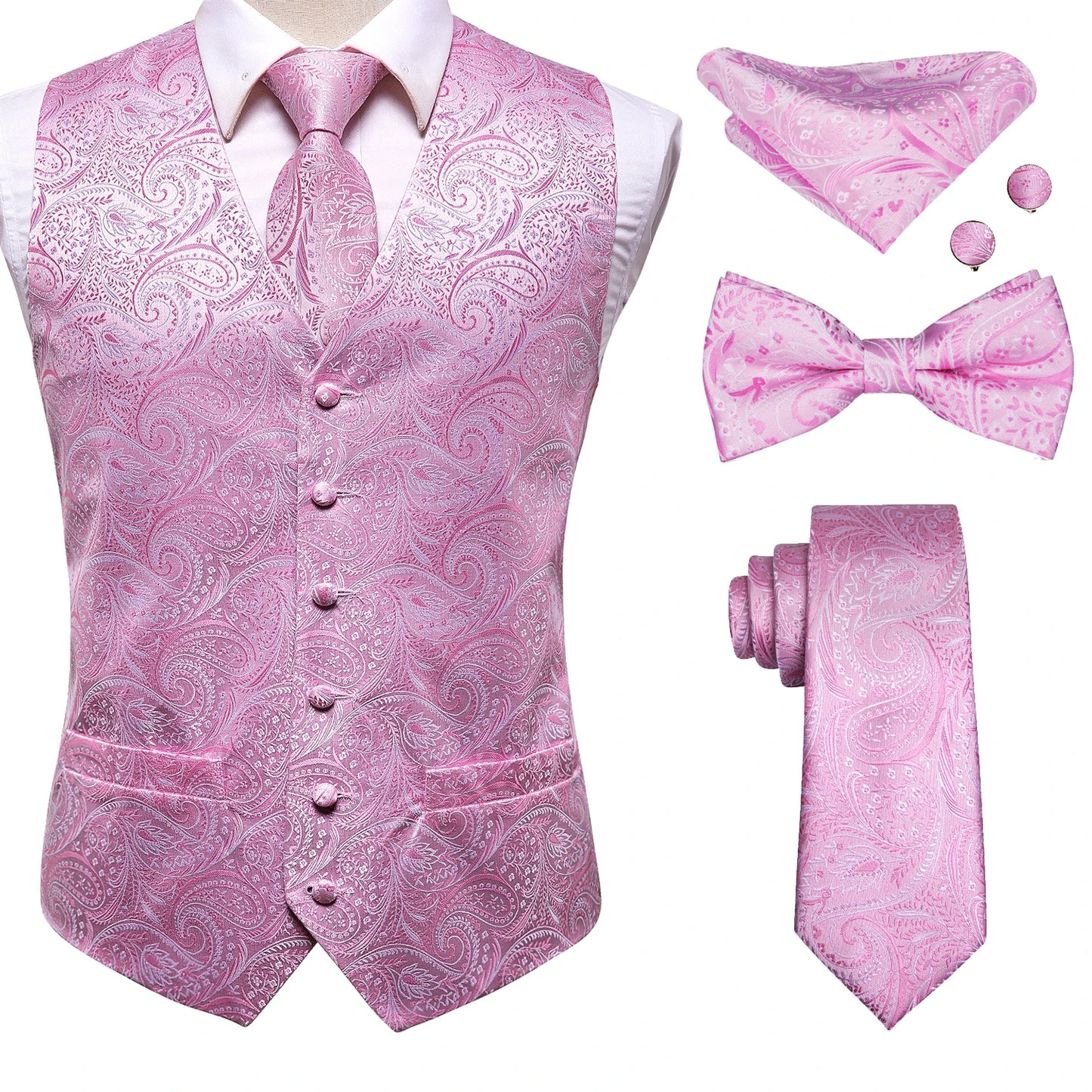 Mens Vests & Silk Tie Set. 5Pc. with Bowtie, Hanky and Cufflinks