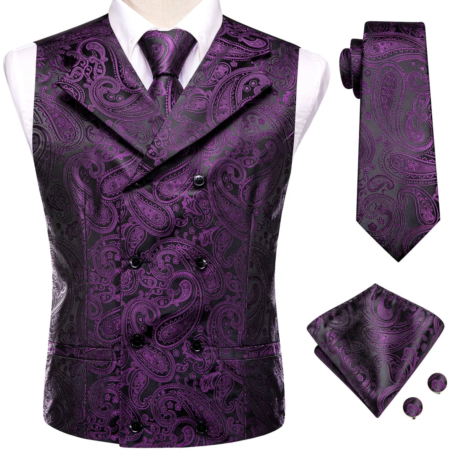 Men’s Vest & Tie Set. Silk Paisley 4Pc. NeckTie, Hanky & Cufflinks