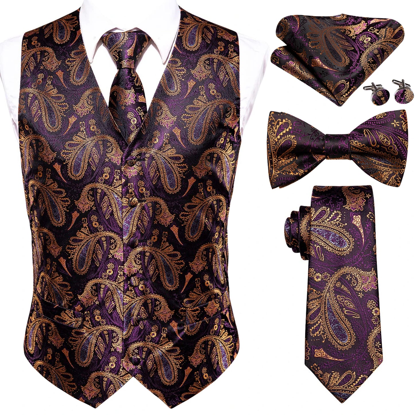 Mens Vests & Silk Tie Set. 5Pc. with Bowtie, Hanky and Cufflinks