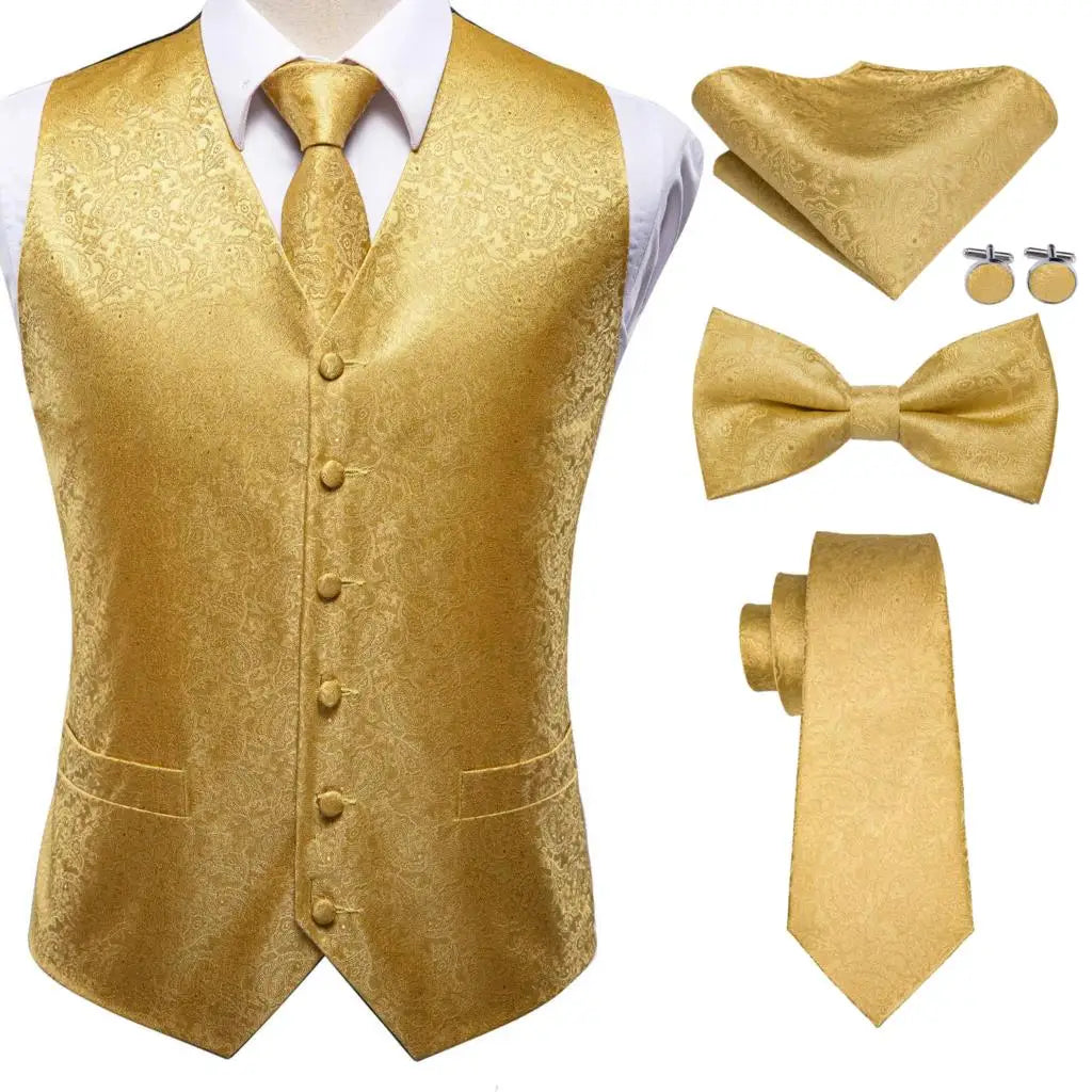 Mens Vests & Silk Tie Set. 5Pc. with Bowtie, Hanky and Cufflinks
