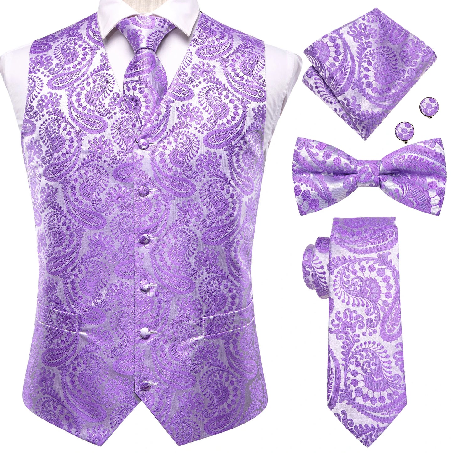 Mens Vests & Silk Tie Set. 5Pc. with Bowtie, Hanky and Cufflinks