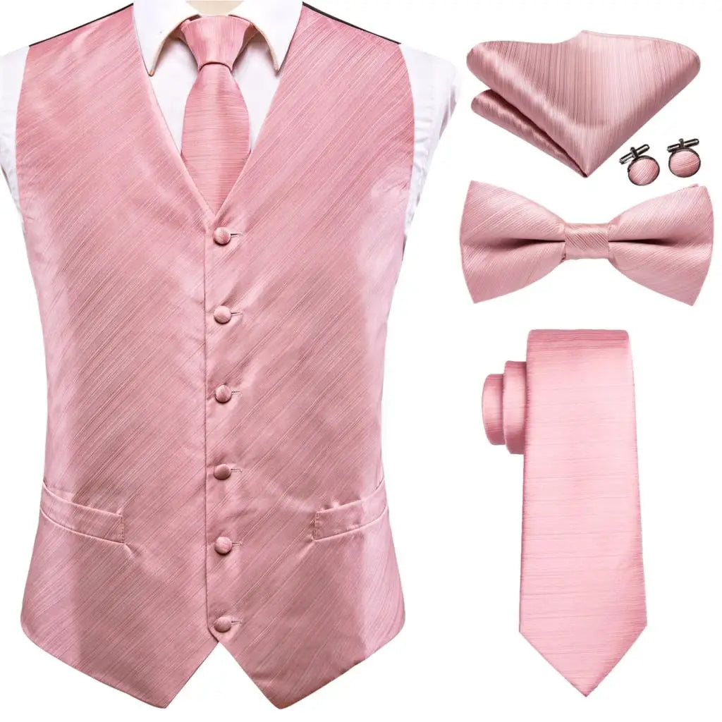 Mens Vests & Silk Tie Set. 5Pc. with Bowtie, Hanky and Cufflinks
