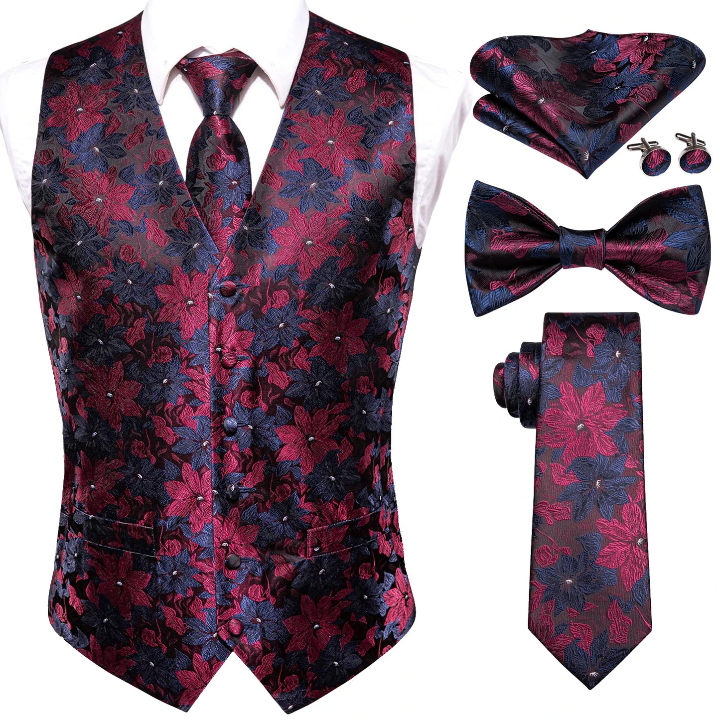 Mens Vests & Silk Tie Set. 5Pc. with Bowtie, Hanky and Cufflinks