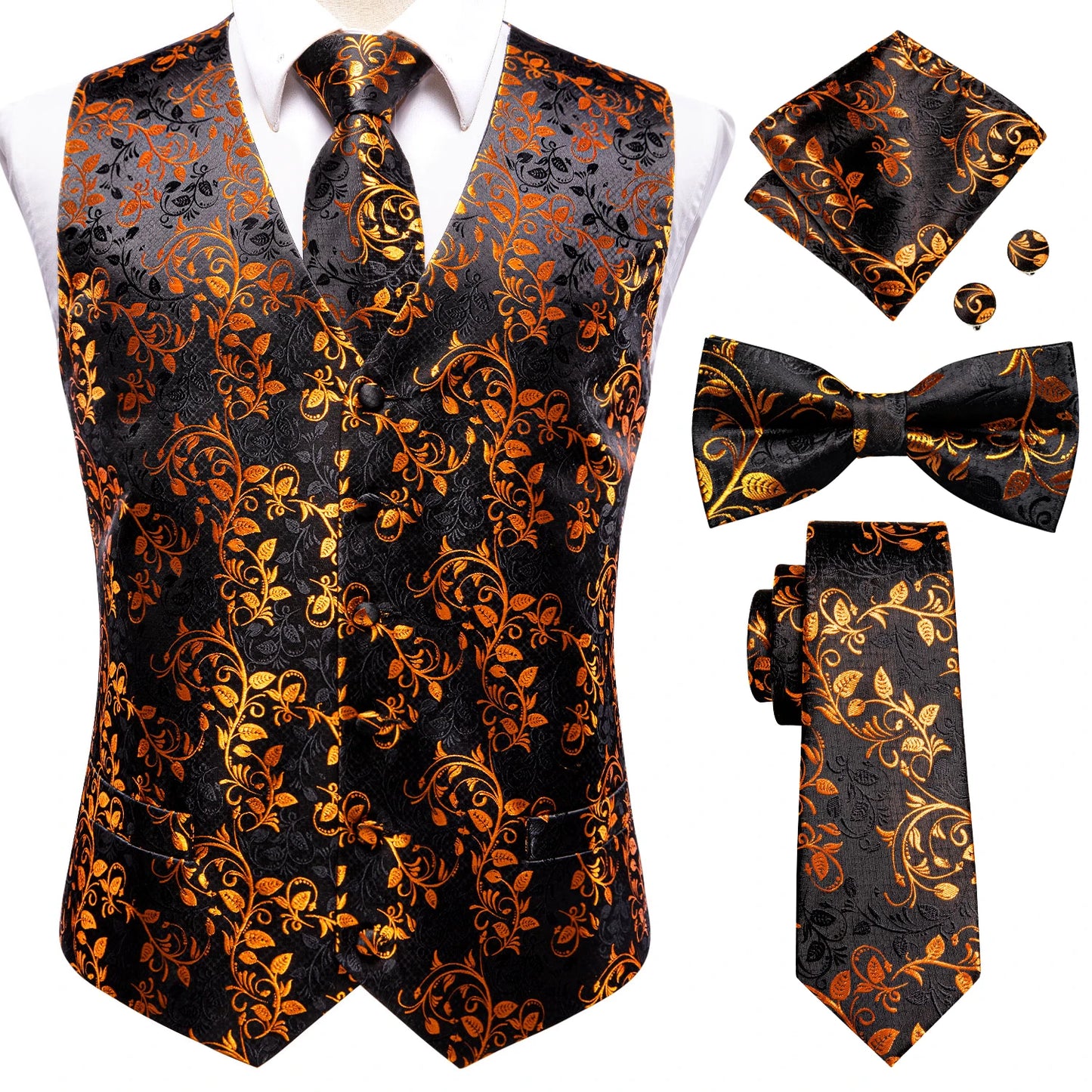 Mens Vests & Silk Tie Set. 5Pc. with Bowtie, Hanky and Cufflinks