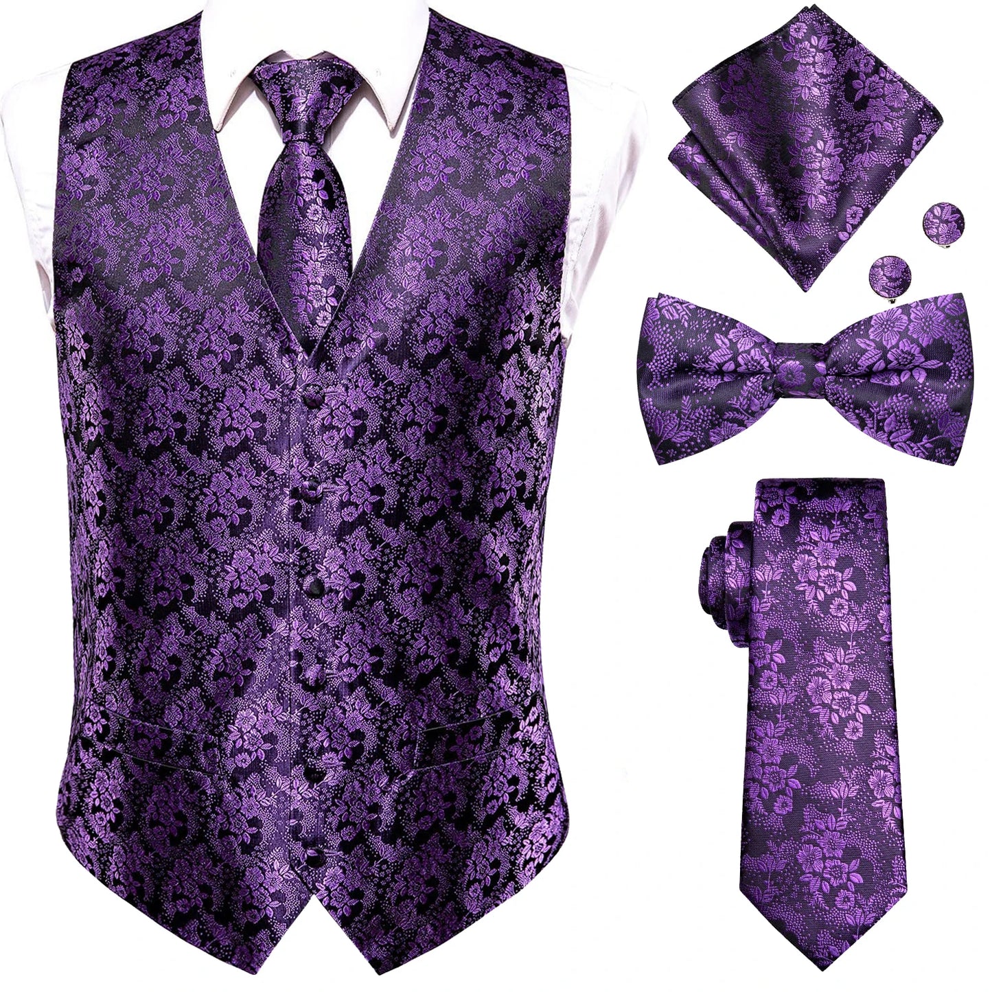 Mens Vests & Silk Tie Set. 5Pc. with Bowtie, Hanky and Cufflinks
