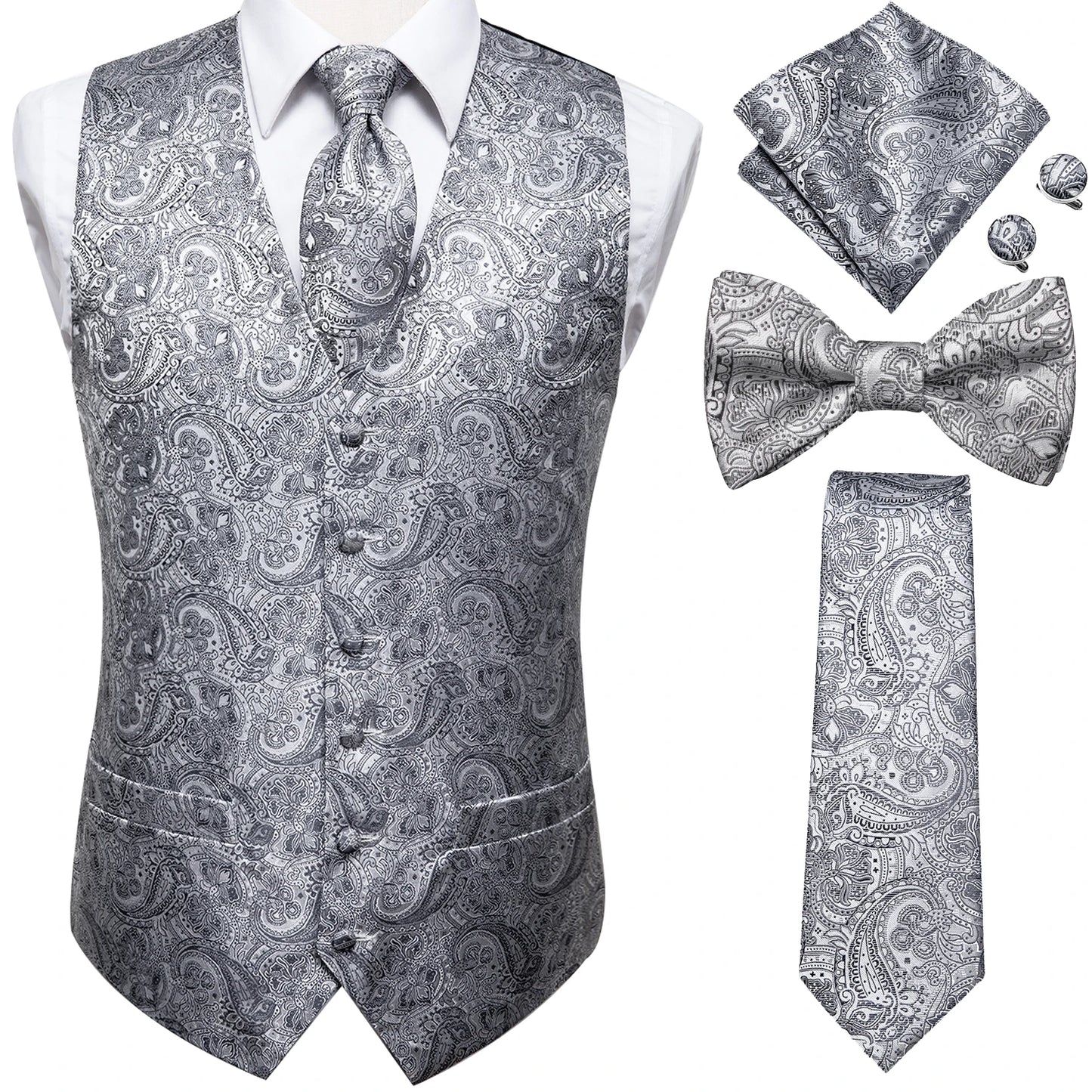 Mens Vests & Silk Tie Set. 5Pc. with Bowtie, Hanky and Cufflinks