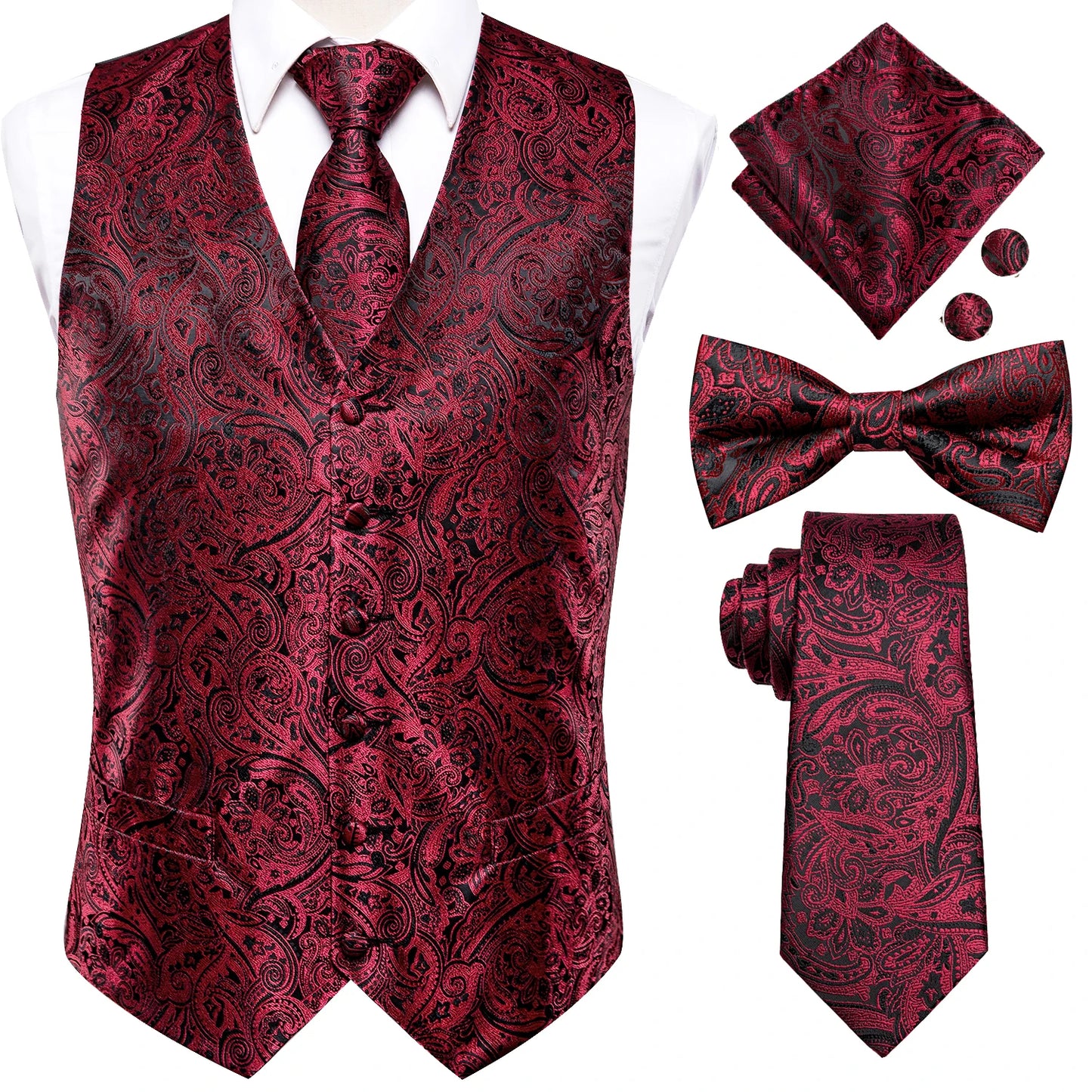 Mens Vests & Silk Tie Set. 5Pc. with Bowtie, Hanky and Cufflinks