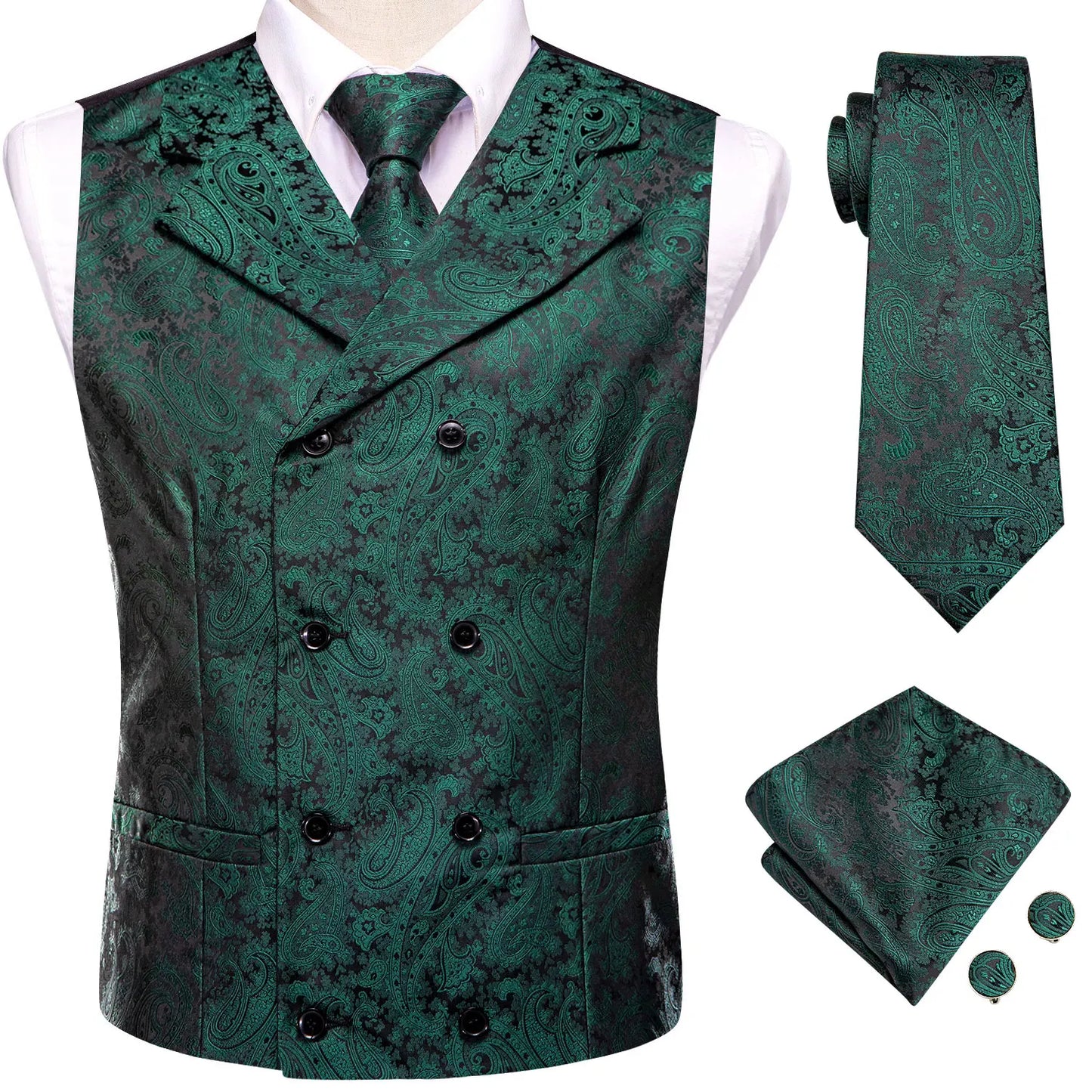 Men’s Vest & Tie Set. Silk Paisley 4Pc. NeckTie, Hanky & Cufflinks