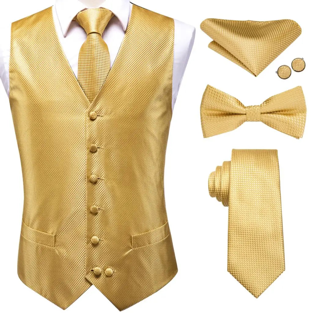 Mens Vests & Silk Tie Set. 5Pc. with Bowtie, Hanky and Cufflinks