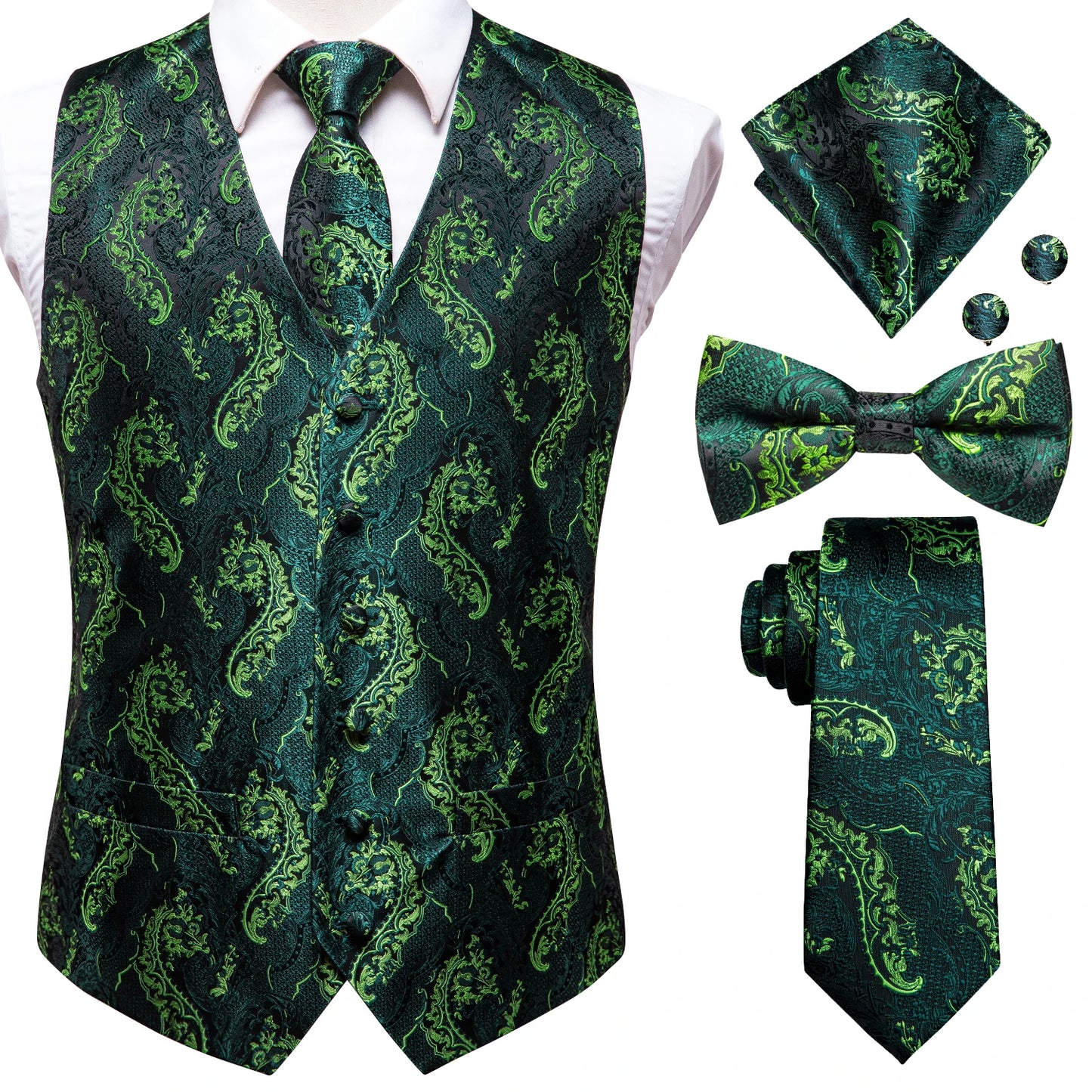 Mens Vests & Silk Tie Set. 5Pc. with Bowtie, Hanky and Cufflinks