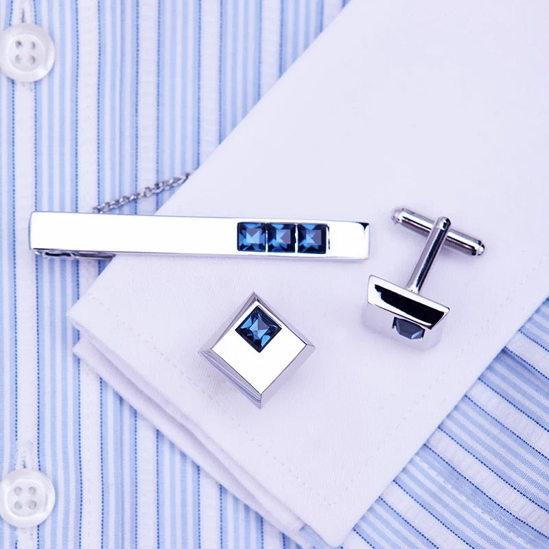 Crystal Cuff links & Tie clip with chain set for Men Blue Crystal
