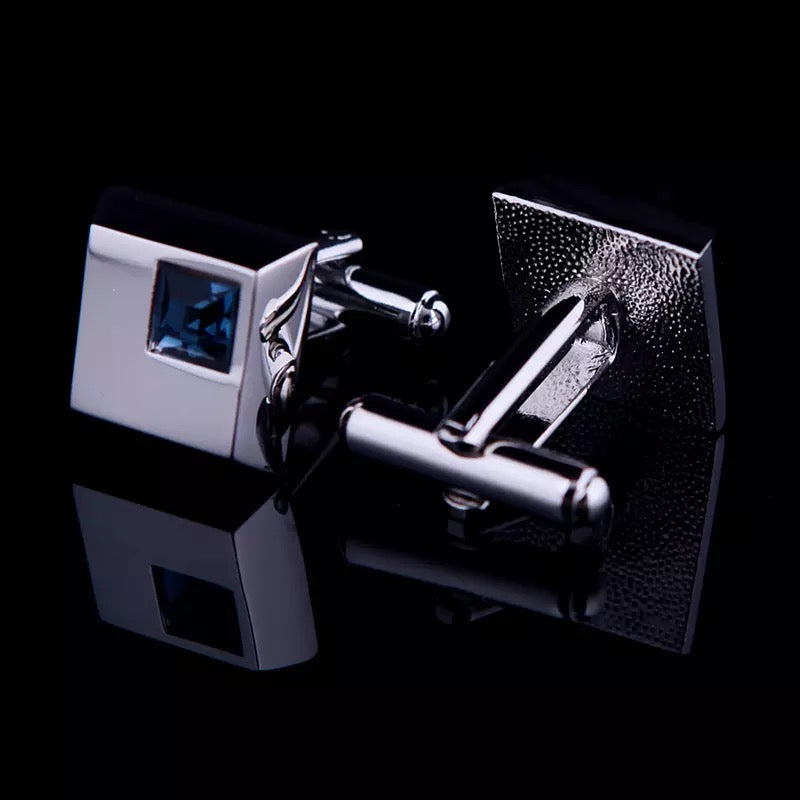 Crystal Cuff links & Tie clip with chain set for Men Blue Crystal