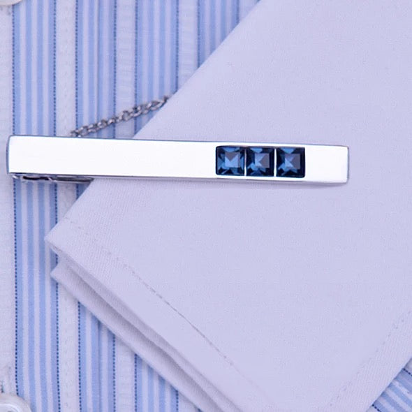 Crystal Cuff links & Tie clip with chain set for Men Blue Crystal