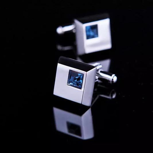 Crystal Cuff links & Tie clip with chain set for Men Blue Crystal