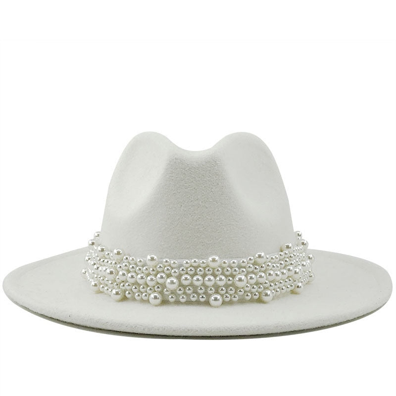 Men & Women Fedora Hat with Leather Pearl ribbon Felt Panama Hat