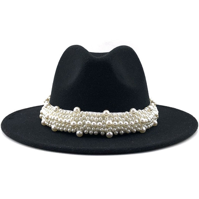 Men & Women Fedora Hat with Leather Pearl ribbon Felt Panama Hat