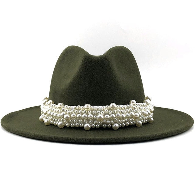 Men & Women Fedora Hat with Leather Pearl ribbon Felt Panama Hat