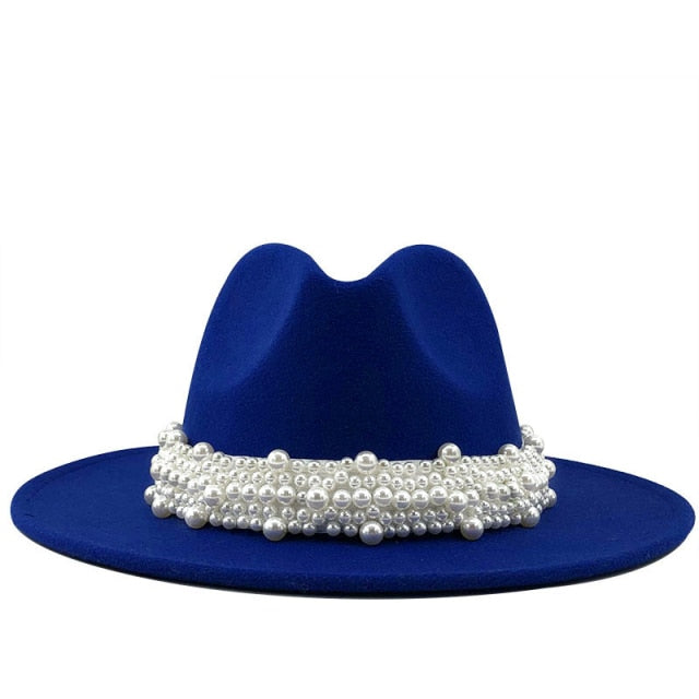 Men & Women Fedora Hat with Leather Pearl ribbon Felt Panama Hat
