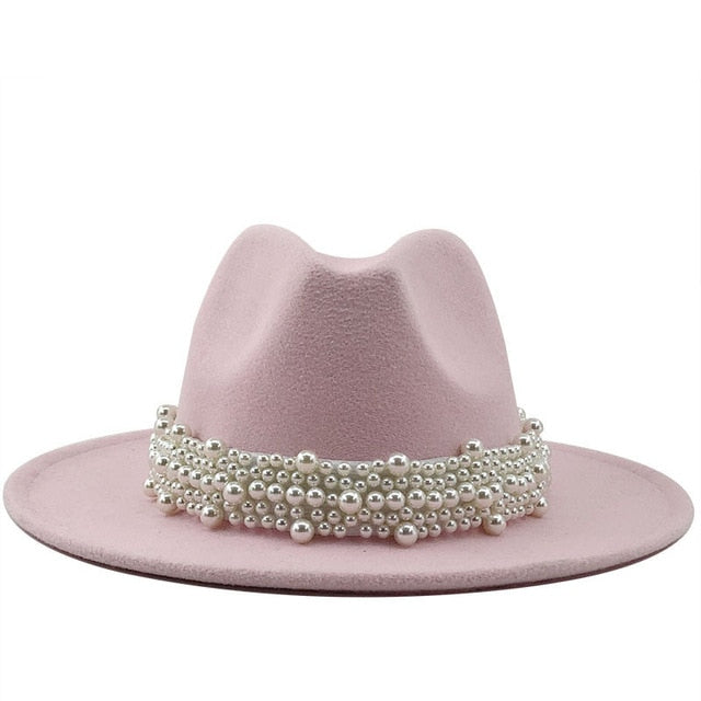 Men & Women Fedora Hat with Leather Pearl ribbon Felt Panama Hat