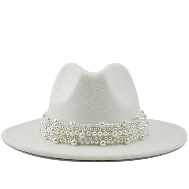 Men & Women Fedora Hat with Leather Pearl ribbon Felt Panama Hat