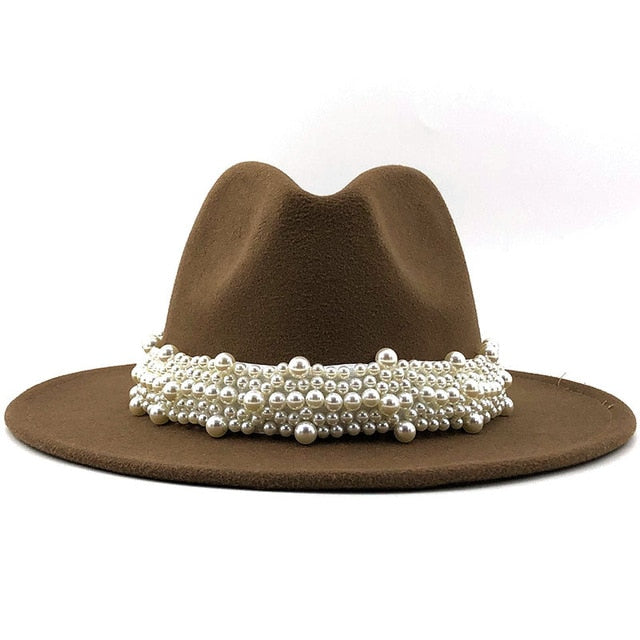 Men & Women Fedora Hat with Leather Pearl ribbon Felt Panama Hat