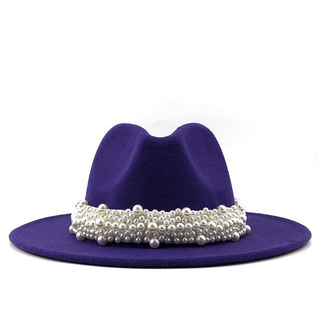 Men & Women Fedora Hat with Leather Pearl ribbon Felt Panama Hat