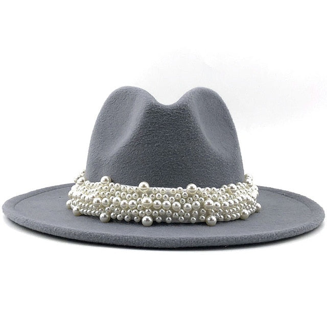 Men & Women Fedora Hat with Leather Pearl ribbon Felt Panama Hat