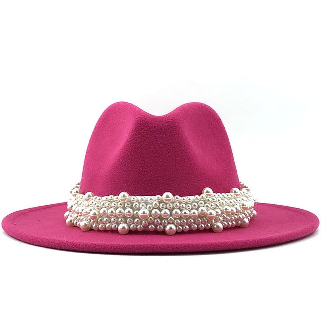 Men & Women Fedora Hat with Leather Pearl ribbon Felt Panama Hat